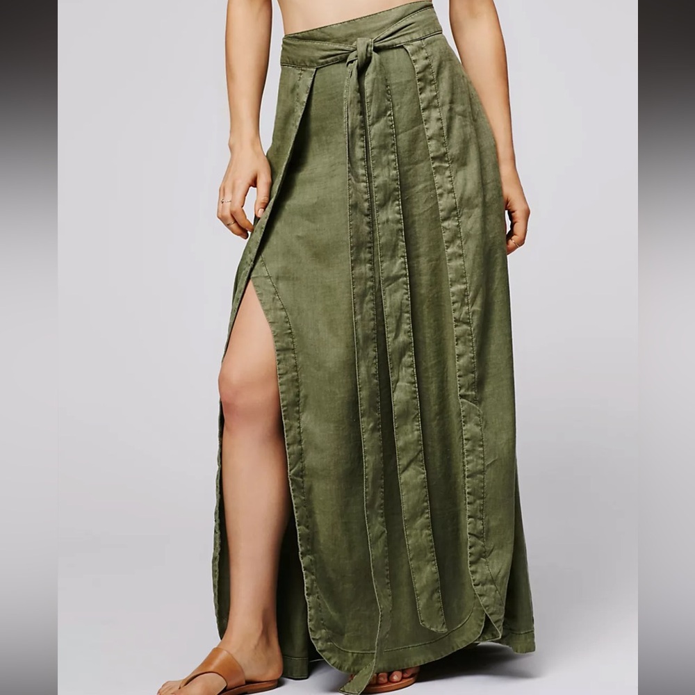 Free People Olive Green Maxi Skirt with Side Slit